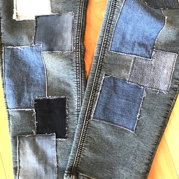 Men’s Patchwork Jeans, Size 34x30: VGB Stretchy, Upcycled Distressed Denim Patch - Picture 8 of 9